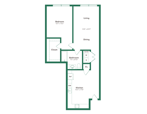 Floor plan for 1 bed, 1 bath, 1014 sqft